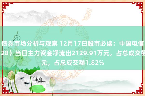 债券市场分析与观察 12月17日股市必读：中国电信（601728）当日主力资金净流出2129.91万元，占总成交额1.82%