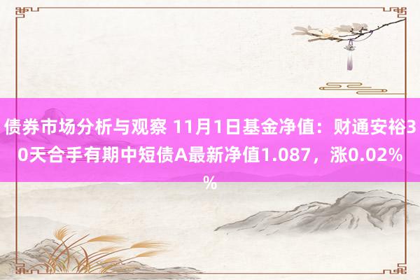 债券市场分析与观察 11月1日基金净值：财通安裕30天合手有期中短债A最新净值1.087，涨0.02%