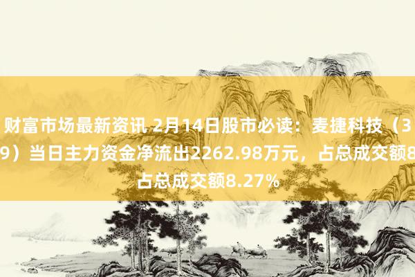 财富市场最新资讯 2月14日股市必读：麦捷科技（300319）当日主力资金净流出2262.98万元，占总成交额8.27%